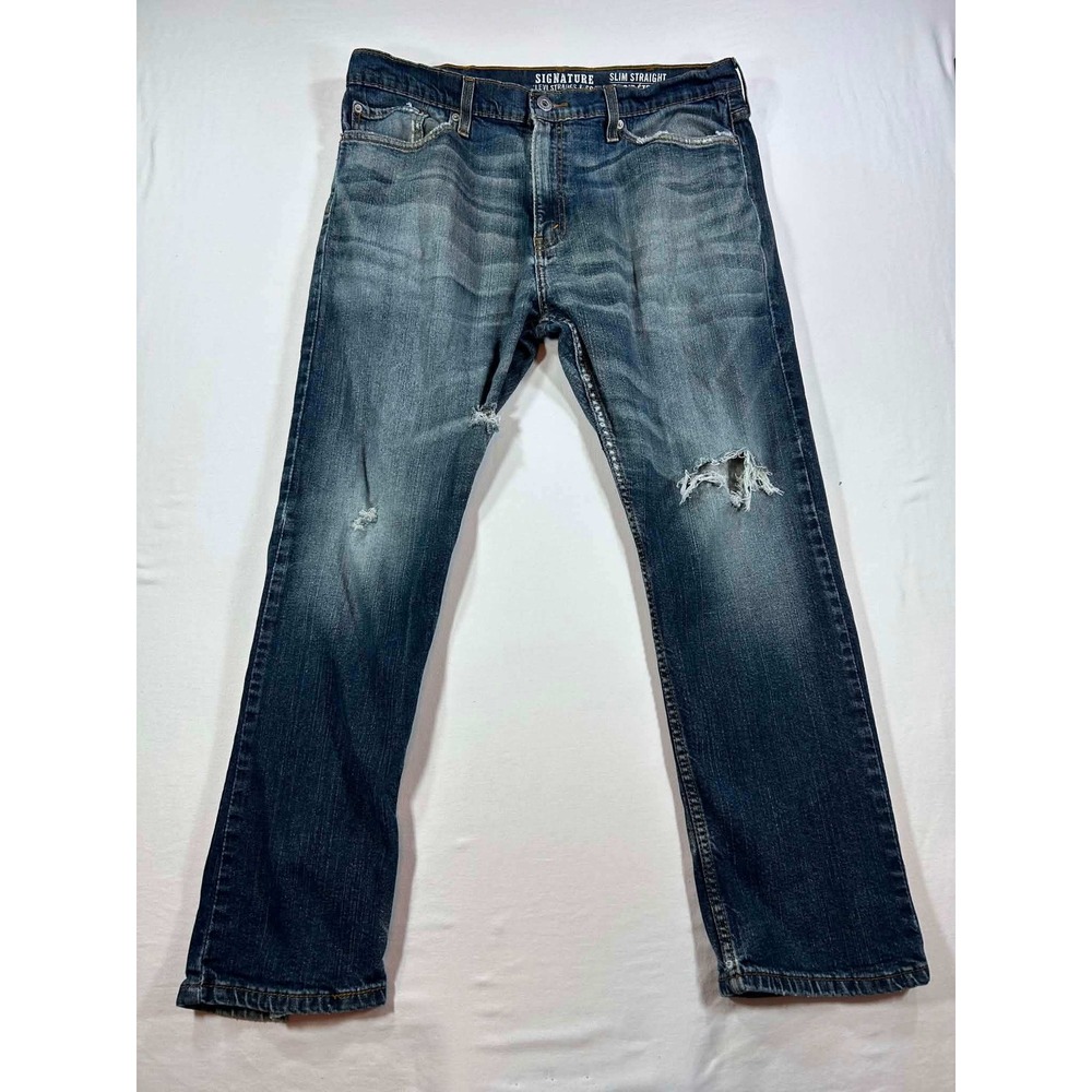 Signature by Levi Strauss & Co Mens Slim Straight Distressed Jeans Blue 38x30